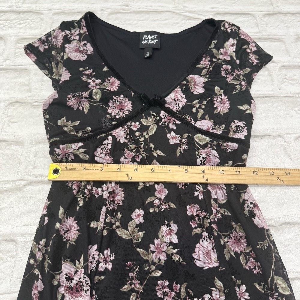 Planet Heart Y2K Black Floral Babydoll Slip Dress Sz Small Romantic Velvet Trim - Picture 13 of 15